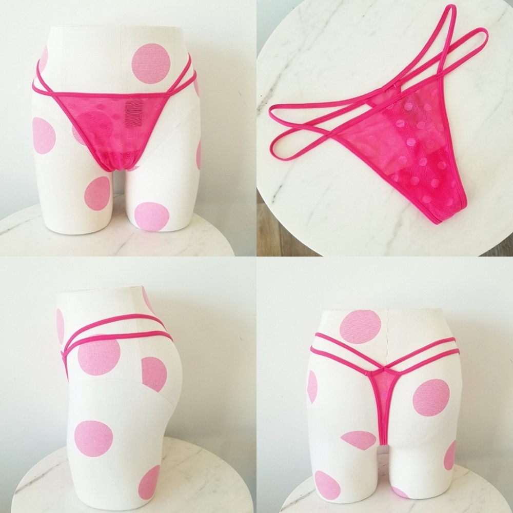 Victoria's Secret PINK Strappy Polka Dot Mesh Thong V-String G-String Panty NWT